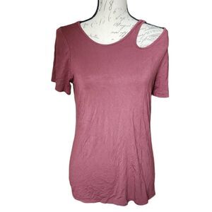 Willow Young Contemporary Ladies Burgundy Neck Cutout Short Sleeve Shirt - Size